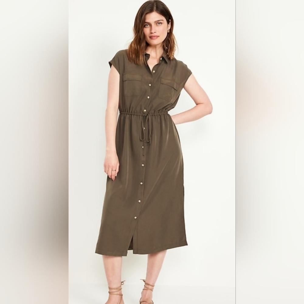 Old Navy Olive Waist-Defined Utility Midi Shirt Dress